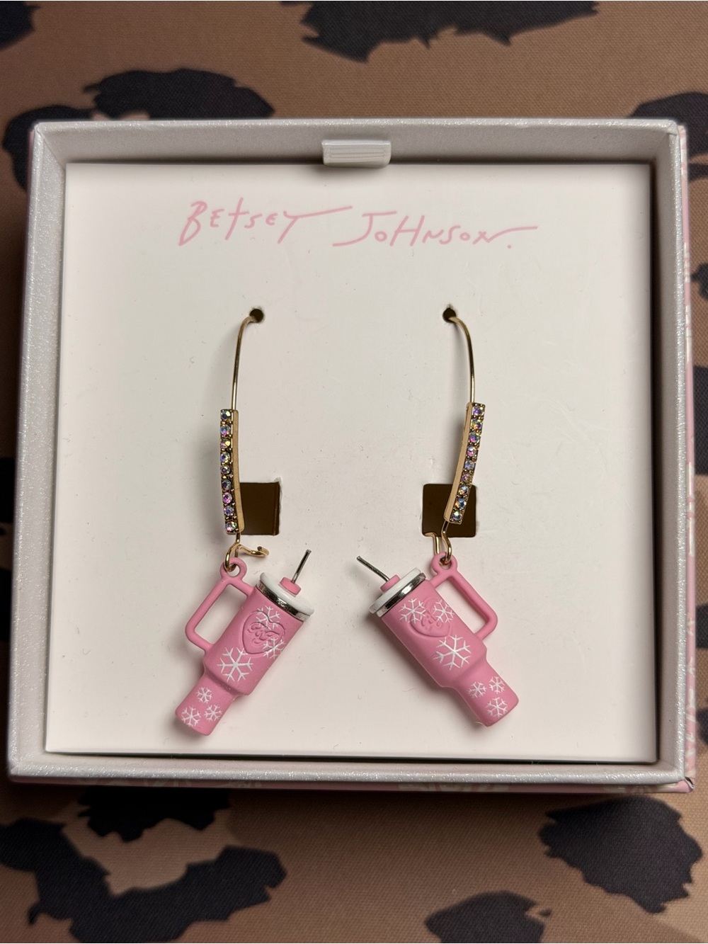 Betsey Johnson Pink Tumbler Snowflake Dangle Earrings NIB